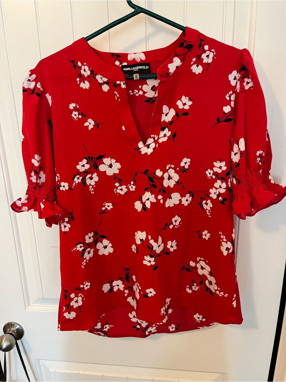 Karl Lagerfeld Red Floral Split-Neck Blouse with Covered Button Closure